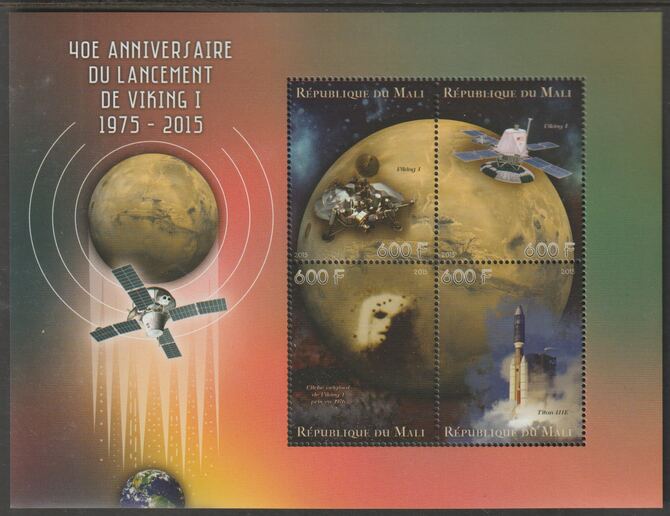 Mali 2015 First Space - Viking 1 - 40th Anniversary perf sheet containing four values unmounted mint, stamps on , stamps on  stamps on space, stamps on  stamps on viking, stamps on  stamps on satellites