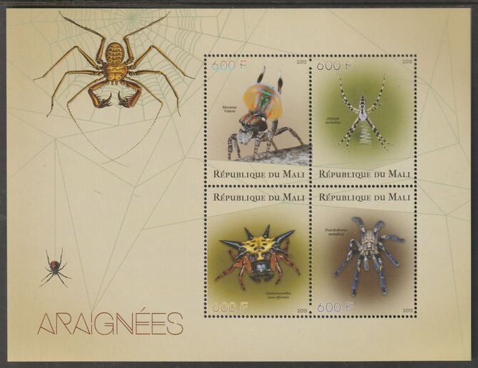 Mali 2015 Spiders perf sheet containing four values unmounted mint, stamps on insects, stamps on spiders