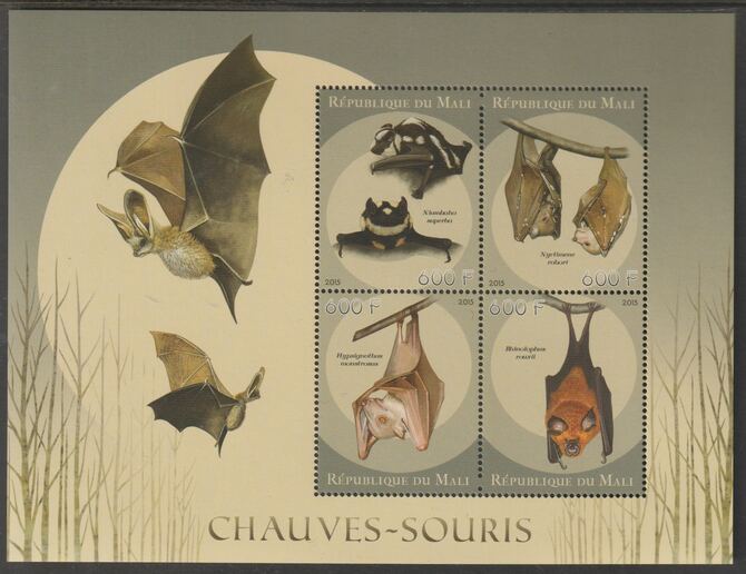 Mali 2015 Bats perf sheet containing four values unmounted mint, stamps on , stamps on  stamps on mammals, stamps on  stamps on bats