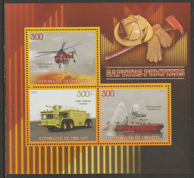 Djibouti 2015 Fire Fighting perf sheet containing three values unmounted mint, stamps on fire, stamps on helicopters, stamps on trucks, stamps on ships