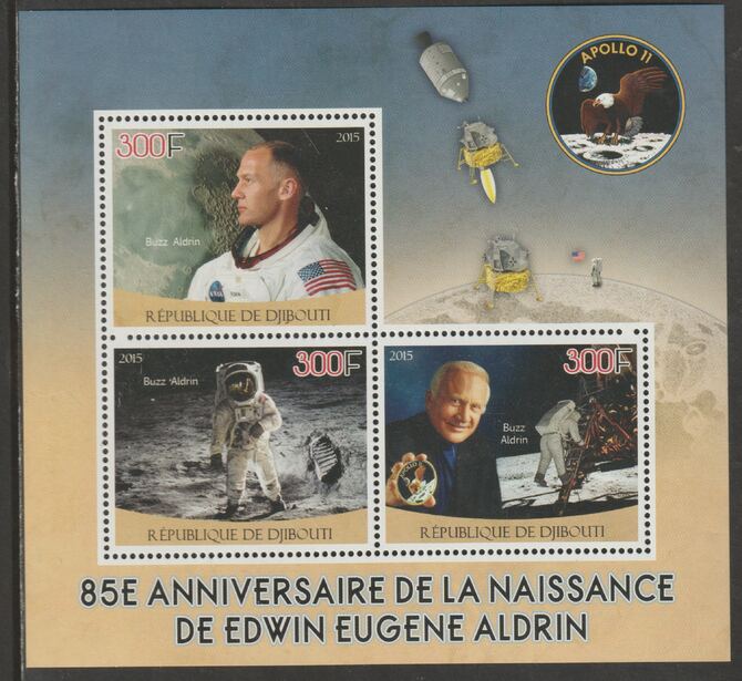 Djibouti 2015 Edwin Aldrin - 85th Birth Anniversary perf sheet containing three values unmounted mint, stamps on , stamps on  stamps on personalities, stamps on  stamps on space, stamps on  stamps on aldrin, stamps on  stamps on apollo