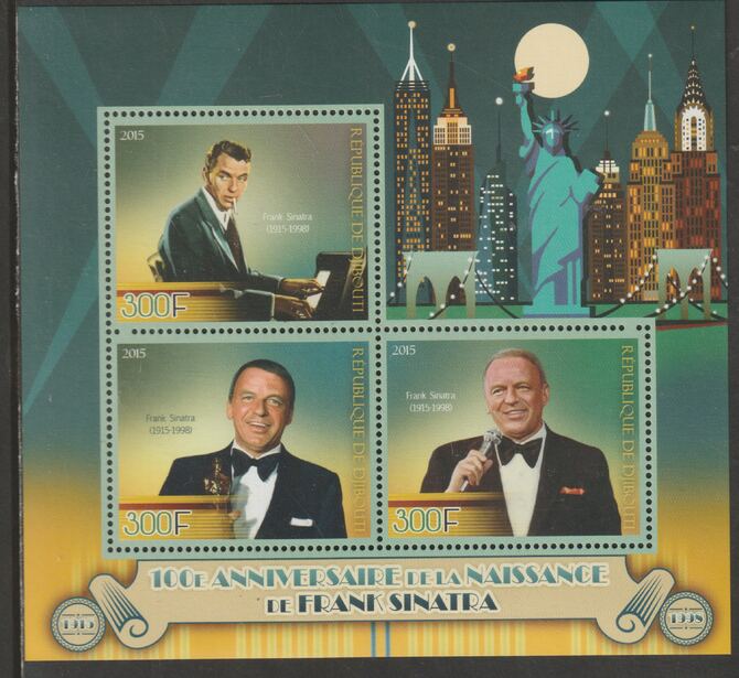 Djibouti 2015 Frank Sinatra Birth Centenary perf sheet containing three values unmounted mint, stamps on , stamps on  stamps on personalities, stamps on  stamps on music, stamps on  stamps on sinatra