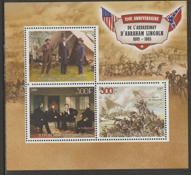 Djibouti 2015 Abraham Lincoln Assassination - 150th Anniversary perf sheet containing three values unmounted mint, stamps on , stamps on  stamps on personalities, stamps on  stamps on lincoln, stamps on  stamps on us presidents, stamps on  stamps on battles