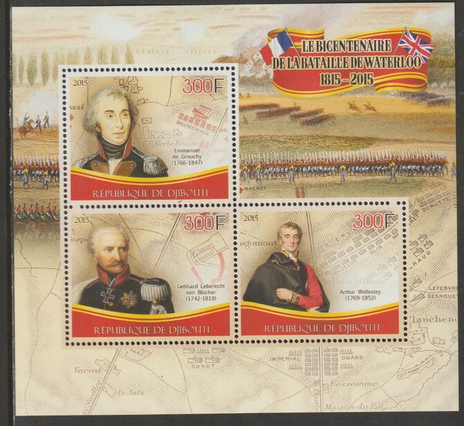 Djibouti 2015 Battle of Waterloo Bicentenary perf sheet containing three values unmounted mint, stamps on , stamps on  stamps on personalities, stamps on  stamps on battles, stamps on  stamps on waterloo