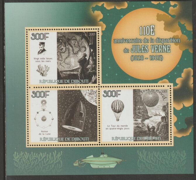 Djibouti 2015 Jules Verne - 110th Death Anniversary perf sheet containing three values unmounted mint, stamps on , stamps on  stamps on personalities, stamps on  stamps on verne, stamps on  stamps on balloons, stamps on  stamps on sci-fi, stamps on  stamps on 