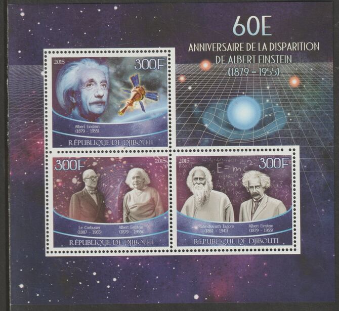 Djibouti 2015 Albert Einstein - 60th Death Anniversary perf sheet containing three values unmounted mint, stamps on , stamps on  stamps on personalities, stamps on  stamps on einstein, stamps on  stamps on nobel, stamps on  stamps on science