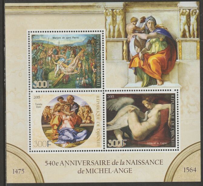 Djibouti 2015 Michelangelo perf sheet containing three values unmounted mint, stamps on , stamps on  stamps on personalities, stamps on  stamps on michelangelo, stamps on  stamps on arts