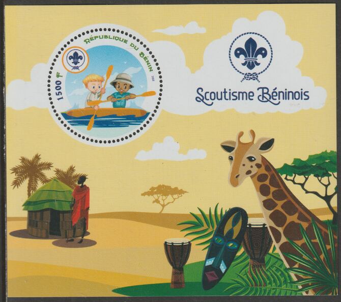 Benin 2018 Scouts #5 perf deluxe m/sheet containing one circular value unmounted mint, stamps on shape, stamps on scouts, stamps on giraffes