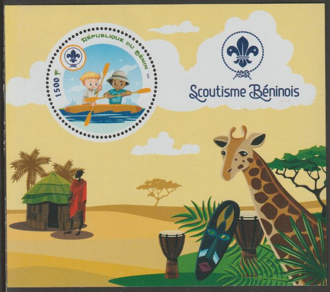 Benin 2018 Scouts #5 perf deluxe m/sheet containing one circular value unmounted mint, stamps on , stamps on  stamps on shape, stamps on  stamps on scouts, stamps on  stamps on giraffes