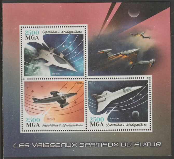 Madagascar 2016 Future Space Missions perf sheet containing three values unmounted mint, stamps on , stamps on  stamps on space, stamps on  stamps on apollo, stamps on  stamps on moon