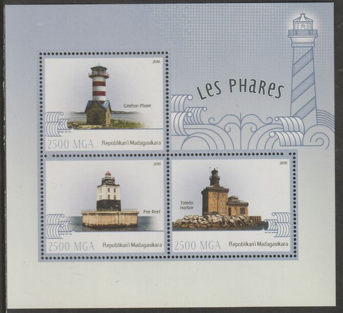 Madagascar 2016 Lighthouses perf sheet containing three values unmounted mint, stamps on lighthouses