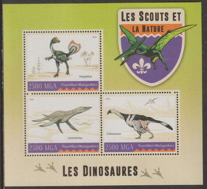 Madagascar 2016 Dinosaurs perf sheet containing three values unmounted mint, stamps on , stamps on  stamps on dinosaurs