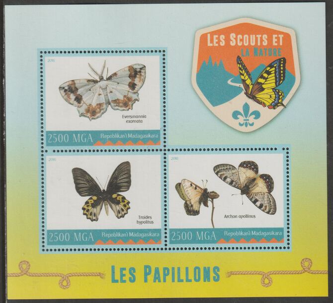 Madagascar 2016 Butterflies perf sheet containing three values unmounted mint, stamps on insects, stamps on butterflies