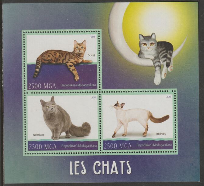 Madagascar 2016 Domestic Cats perf sheet containing three values unmounted mint, stamps on cats