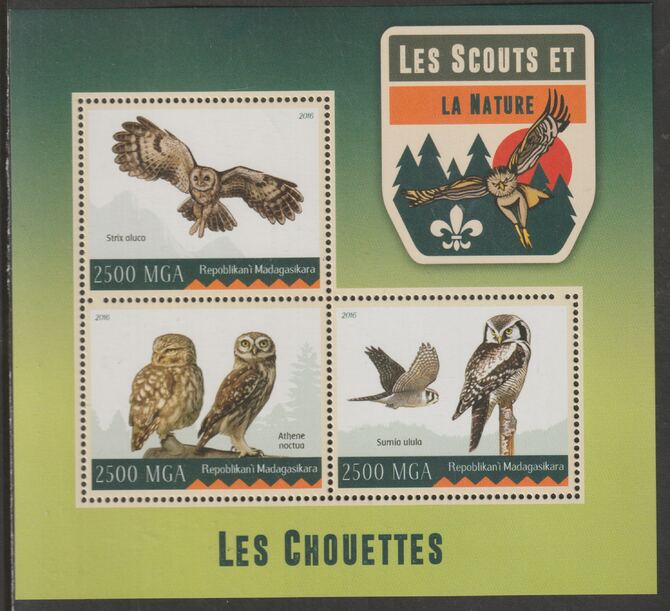 Madagascar 2016 Scouts & Owls perf sheet containing three values unmounted mint, stamps on , stamps on  stamps on scouts, stamps on  stamps on owls, stamps on  stamps on birds of prey, stamps on  stamps on birds