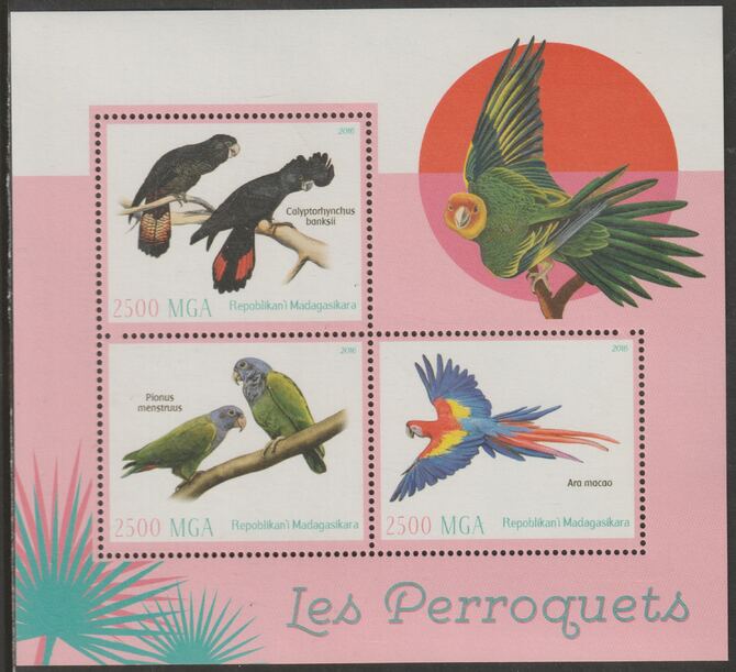 Madagascar 2016 Parrots perf sheet containing three values unmounted mint, stamps on , stamps on  stamps on parrots, stamps on  stamps on birds