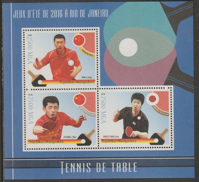 Madagascar 2016 Table Tennis perf sheet containing three values unmounted mint, stamps on sport, stamps on table tennis