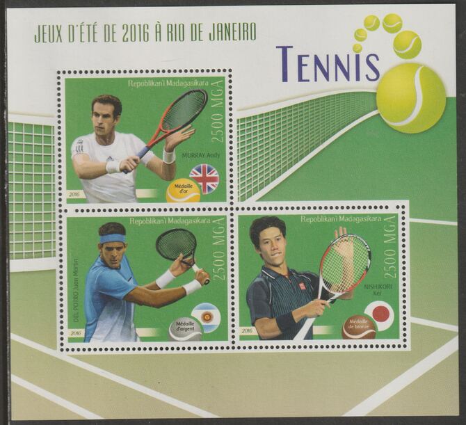 Madagascar 2016 Tennis perf sheet containing three values unmounted mint, stamps on sport, stamps on personalities, stamps on tennis
