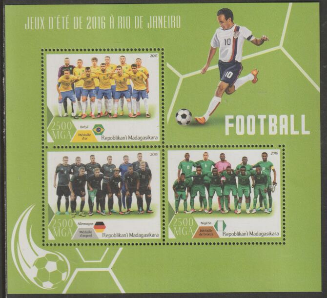 Madagascar 2016 Football perf sheet containing three values unmounted mint, stamps on sport, stamps on personalities, stamps on football