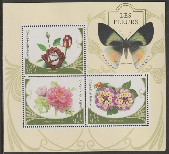 Madagascar 2016 Flowers perf sheet containing three values unmounted mint, stamps on flowers, stamps on butterflies
