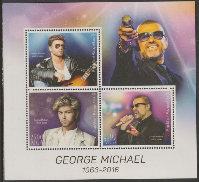 Madagascar 2016 George Michael perf sheet containing three values unmounted mint, stamps on , stamps on  stamps on personalities, stamps on  stamps on music, stamps on  stamps on pops, stamps on  stamps on rock, stamps on  stamps on michael