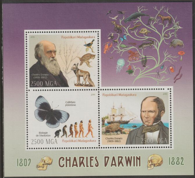 Madagascar 2016 Charles Darwin perf sheet containing three values unmounted mint, stamps on personalities, stamps on darwin, stamps on ships, stamps on butterflies