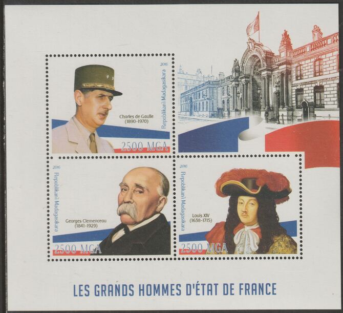 Madagascar 2016 Famous Men of France perf sheet containing three values unmounted mint, stamps on , stamps on  stamps on personalities, stamps on  stamps on de gaulle, stamps on  stamps on 