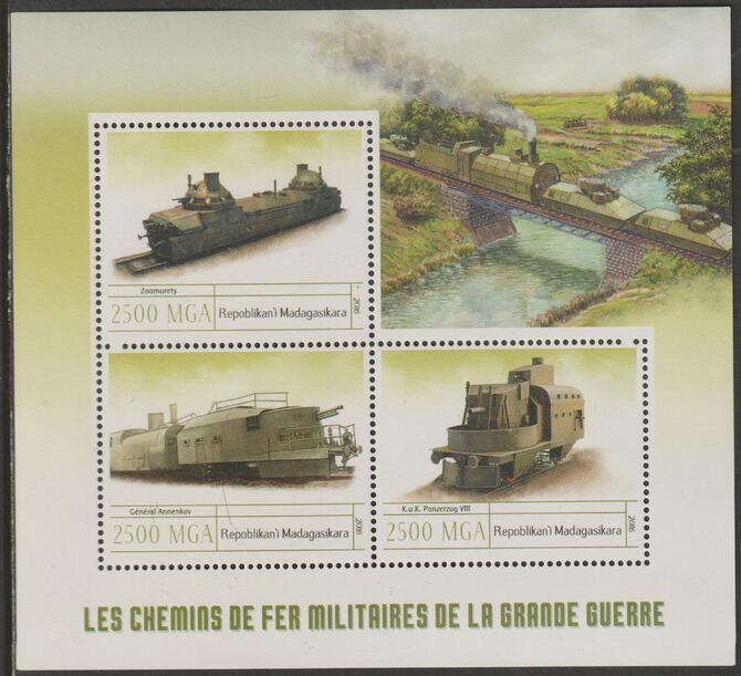 Madagascar 2016 War-time Trains perf sheet containing three values unmounted mint, stamps on railways, stamps on  ww2 , stamps on 