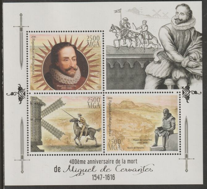 Madagascar 2016 Miguel de Cervantes perf sheet containing three values unmounted mint, stamps on personalities, stamps on literature, stamps on cervantes