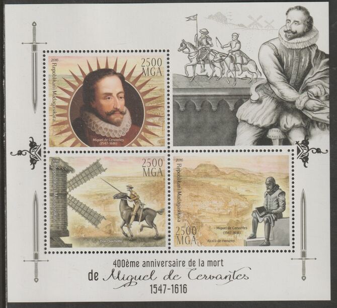 Madagascar 2016 Miguel de Cervantes perf sheet containing three values unmounted mint, stamps on , stamps on  stamps on personalities, stamps on  stamps on literature, stamps on  stamps on cervantes