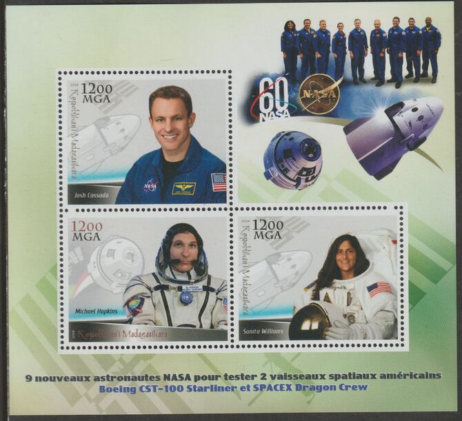 Madagascar 2018 NASA Test Astronauts #1 perf sheet containing three values unmounted mint, stamps on , stamps on  stamps on personalities, stamps on  stamps on space, stamps on  stamps on astronauts