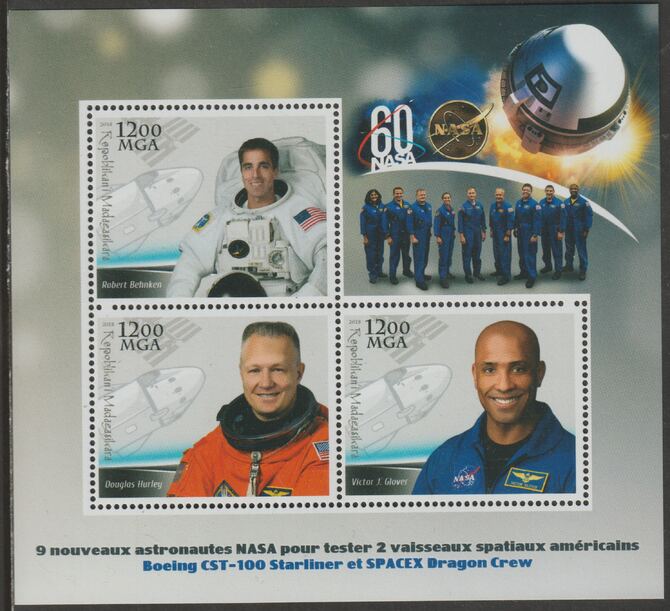 Madagascar 2018 NASA Test Astronauts #2 perf sheet containing three values unmounted mint, stamps on , stamps on  stamps on personalities, stamps on  stamps on space, stamps on  stamps on astronauts