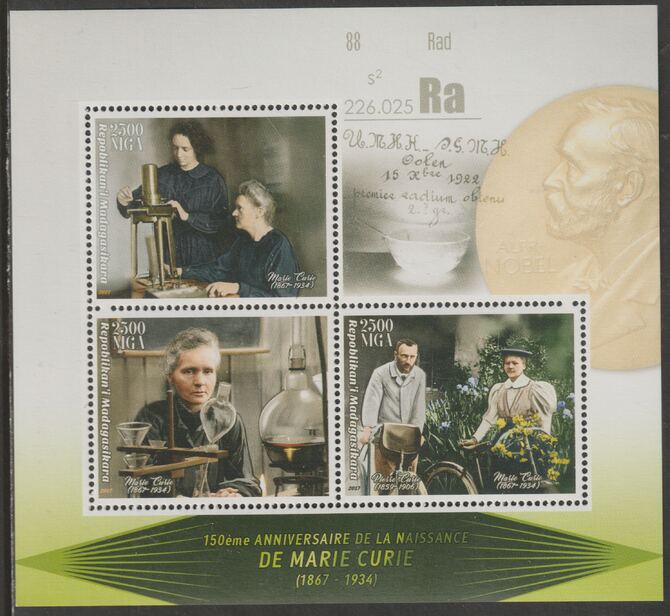 Madagascar 2017 Marie Curie perf sheet containing three values unmounted mint, stamps on personalities, stamps on curie, stamps on science, stamps on nobel