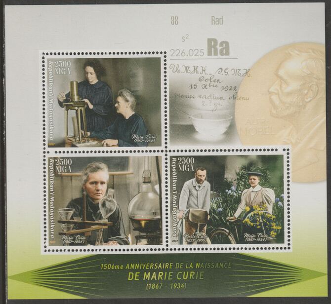 Madagascar 2017 Marie Curie perf sheet containing three values unmounted mint, stamps on , stamps on  stamps on personalities, stamps on  stamps on curie, stamps on  stamps on science, stamps on  stamps on nobel