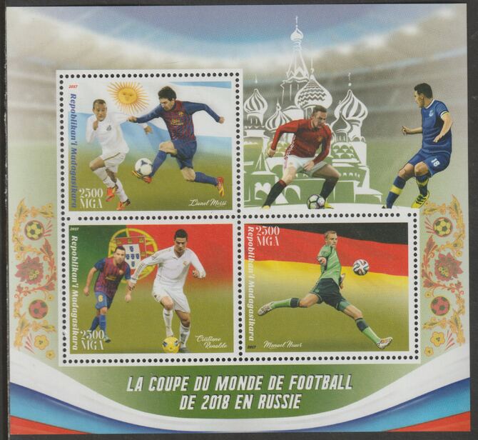 Madagascar 2017 World Cup Football perf sheet containing three values unmounted mint, stamps on , stamps on  stamps on personalities, stamps on  stamps on football