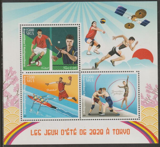 Madagascar 2017 Tokyo Summer Olympics perf sheet containing three values unmounted mint, stamps on personalities, stamps on olympics, stamps on football, stamps on table tennis, stamps on basketball, stamps on rowing, stamps on gymnastics, stamps on wrestling, stamps on running