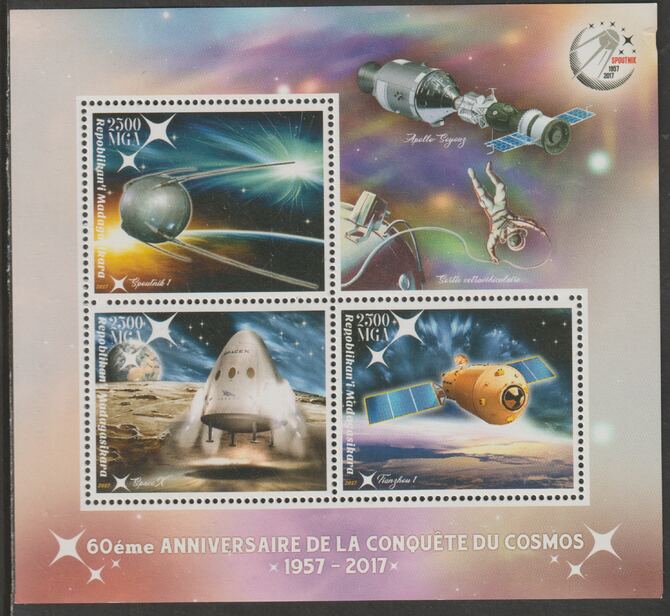 Madagascar 2017 Space Conquest - 60th Anniversary perf sheet containing three values unmounted mint, stamps on , stamps on  stamps on space, stamps on  stamps on sputnik, stamps on  stamps on spacex, stamps on  stamps on satellites