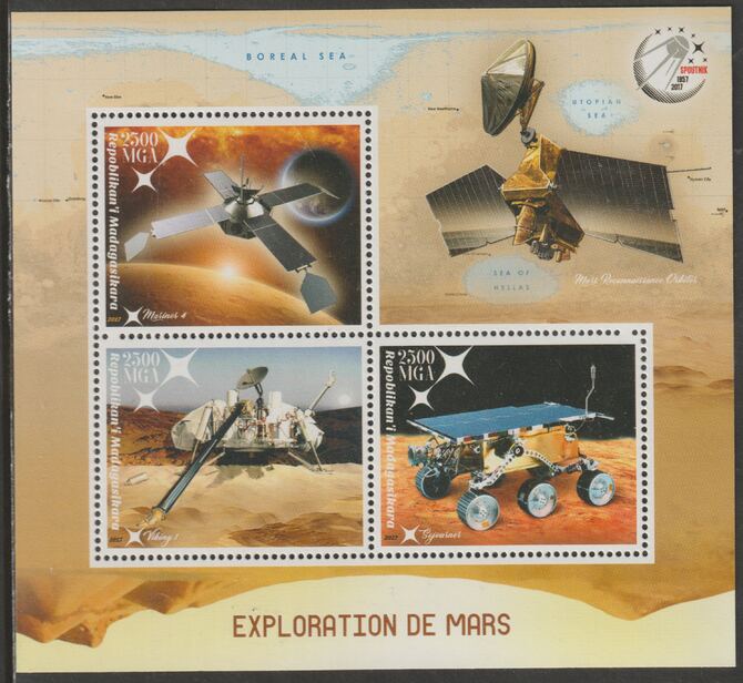 Madagascar 2017 Space Exploration of Mars perf sheet containing three values unmounted mint, stamps on , stamps on  stamps on space, stamps on  stamps on mars, stamps on  stamps on satellites