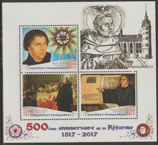 Madagascar 2017 Reformation 500th Anniversary perf sheet containing three values unmounted mint, stamps on reformation, stamps on religion