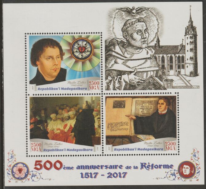 Madagascar 2017 Reformation 500th Anniversary perf sheet containing three values unmounted mint, stamps on , stamps on  stamps on reformation, stamps on  stamps on religion