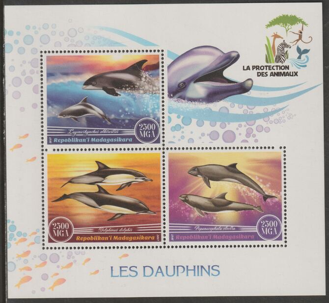 Madagascar 2017 Dolphins perf sheet containing three values unmounted mint, stamps on dolphins, stamps on marine life