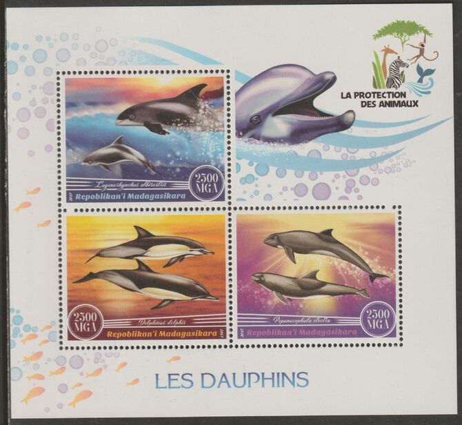 Madagascar 2017 Dolphins perf sheet containing three values unmounted mint, stamps on , stamps on  stamps on dolphins, stamps on  stamps on marine life