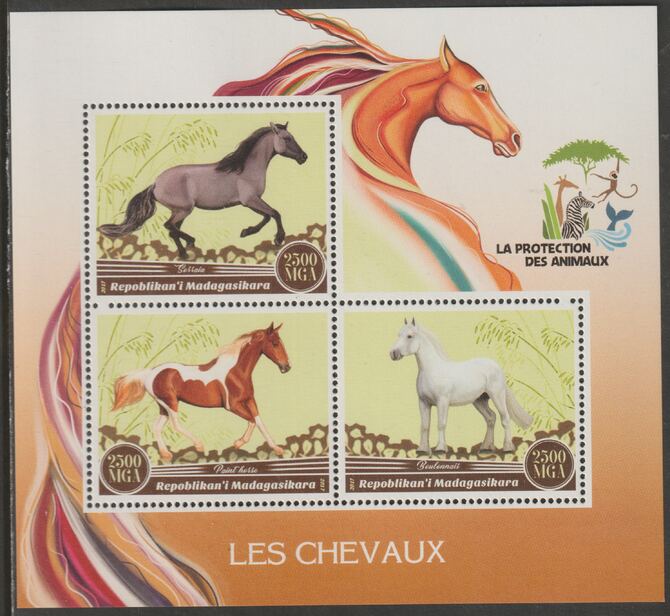 Madagascar 2017 Horses perf sheet containing three values unmounted mint, stamps on , stamps on  stamps on animals, stamps on  stamps on horses