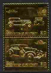 St Vincent - Bequia 1987 Cars #7 (Leaders of the World) 1933 Stutz DV32 $10 se-tenant pair embossed in 22k gold foil unmounted mint, stamps on , stamps on  stamps on cars, stamps on  stamps on stutz