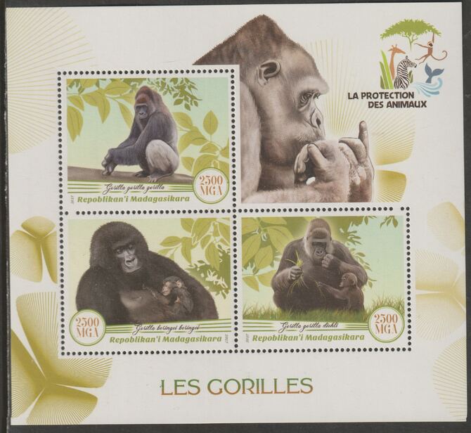 Madagascar 2017 Gorillas perf sheet containing three values unmounted mint, stamps on animals, stamps on gorillas, stamps on primates