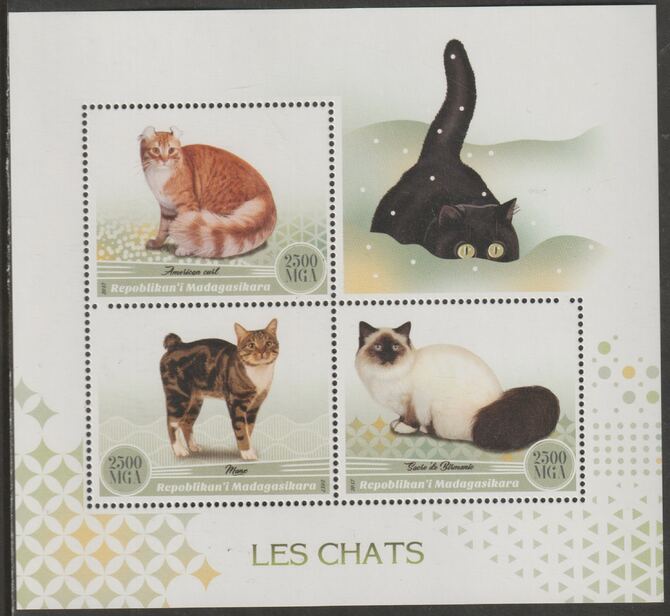 Madagascar 2017 Domestic Cats perf sheet containing three values unmounted mint, stamps on animals, stamps on cats
