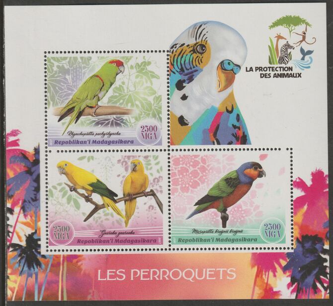 Madagascar 2017 Parrots perf sheet containing three values unmounted mint, stamps on , stamps on  stamps on birds, stamps on  stamps on parrots