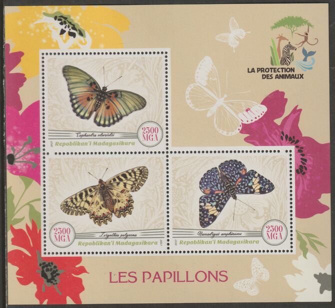 Madagascar 2017 Butterflies perf sheet containing three values unmounted mint, stamps on butterflies