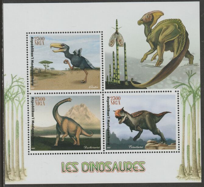 Madagascar 2017 Dinosaurs perf sheet containing three values unmounted mint, stamps on dinosaurs