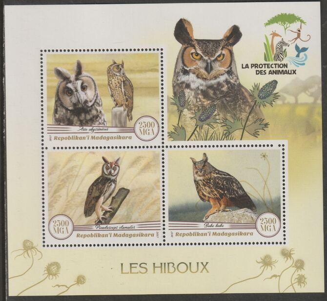 Madagascar 2017 Owls perf sheet containing three values unmounted mint, stamps on birds, stamps on owls, stamps on birds of prey